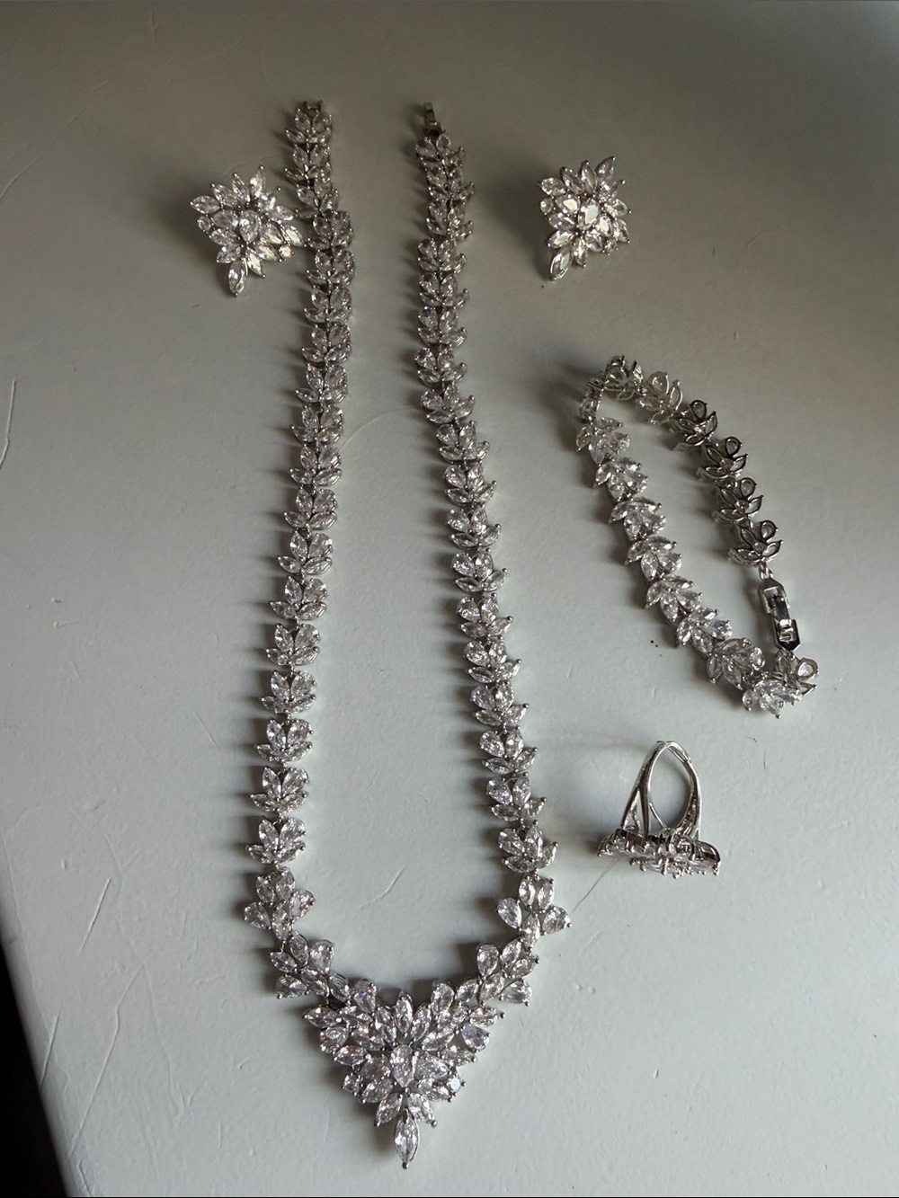 Silver Crystal wedding jewelry set with necklace, earrings; ring and bracelet